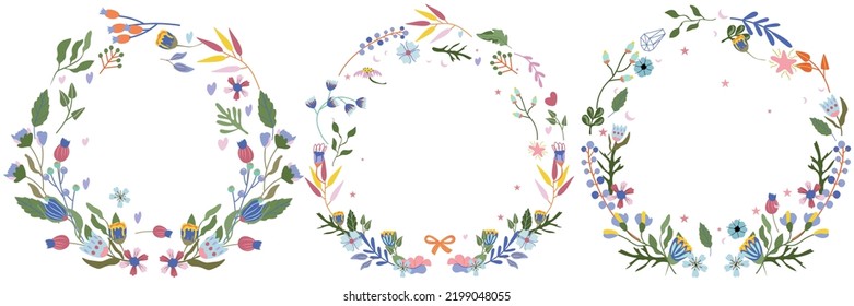 Flores brillantes, hojas coloridas y estrellas alrededor. Colecciones florales. Ilustraciones mágicas para tu como creación de tarjetas, banner, cumpleaños y otras vacaciones. Vector.