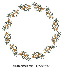 Bright wreath of sea buckthorn leaves and berries. Flat style. Multi-layer vector file. For postcards, invitations, brochures, business cards, restaurant menus.
