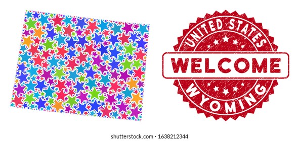 Bright Wyoming State map mosaic of stars, and textured round red WELCOME seal. Abstract geographic scheme in bright color hues. Vector Wyoming State map is created of bright stars.