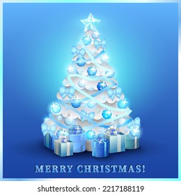 Bright Xmas greeting card with frozen silver fir and decorations - bows, baubles, tinsel, and shining star. Christmas tree with gifts on cyan gradient background. Merry Christmas and Happy New Year!