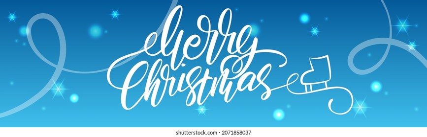 Bright Xmas horizontal web banner. Handwritten lettering Merry Christmas. Skate tracks on an ice rink. Holiday vector illustration. Festive colorful banner.