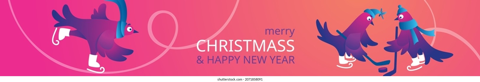 Bright Xmas horizontal web banner with funny pigeons. Text "Merry Christmas". Funny characters doves in skates. Pigeons are skating on the ice rink. Holiday vector illustration. Festive banner.