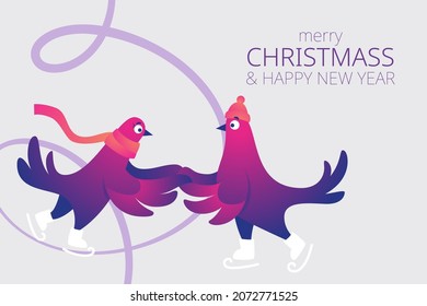 Bright Xmas horizontaler Webbanner mit lustigen Tauben. Text "Frohe Weihnachten". Sonnige Charaktere tauchen in Schlittschuhen. Tauben laufen auf der Eisbahn. Feierliche Vektorgrafik. Festlicher Banner.