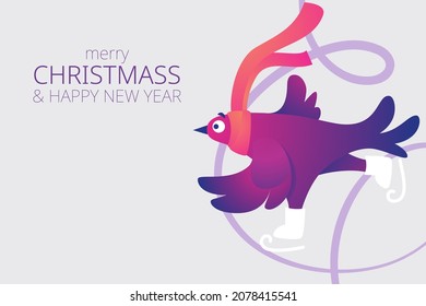 Bright Xmas horizontal web banner with funny pigeons. Text "Merry Christmas". Funny characters doves in skates. Pigeons are skating on the ice rink. Holiday vector illustration. Festive banner.