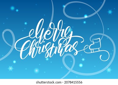 Bright Xmas horizontal web banner. Handwritten lettering Merry Christmas. Skate tracks on an ice rink. Holiday vector illustration. Festive colorful banner.