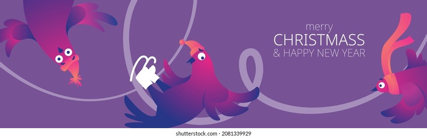 Bright Xmas horizontal web banner with funny pigeons. Text "Merry Christmas". Funny characters doves in skates. Pigeons are skating on the ice rink. Holiday vector illustration. Festive banner.