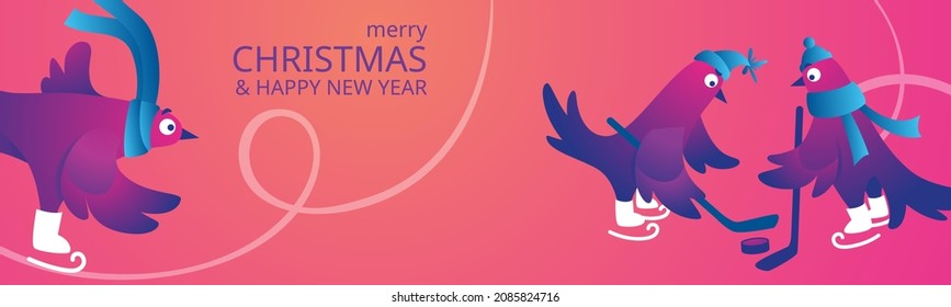 Bright Xmas horizontal web banner with funny pigeons. Text "Merry Christmas". Funny characters doves in skates. Pigeons are skating on the ice rink. Holiday vector illustration. Festive banner.