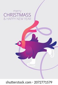 Bright Xmas poster with funny pigeons. Text "Merry Christmas". Funny characters doves in skates. Pigeons are skating on the ice rink. Holiday vector illustration. Festive poster.
