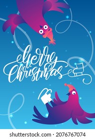 Bright Xmas poster with funny pigeons. Handwritten lettering Merry Christmas. Funny characters doves in skates. Pigeons are skating on the ice rink. Holiday vector illustration. Festive poster.