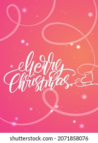Afiche vertical de navidad brillante. Grabado a mano Merry Christmas. Pistas de esquí en una pista de hielo.  Ilustración vectorial de vacaciones. Banner festivo y colorido.