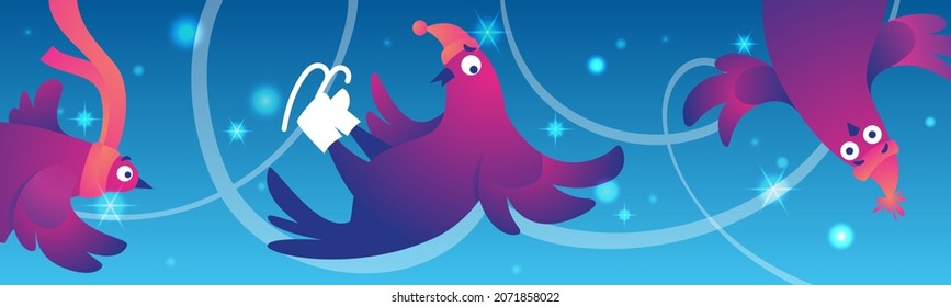 Bright Xmas web banner with funny pigeons. Christmas Festive banner. Funny characters doves in skates. Pigeons are skating on the ice rink. Holiday vector illustration. Patterns on ice.