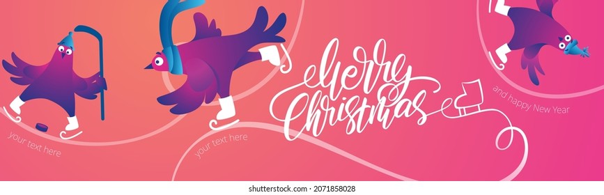 Bright Xmas Webbanner mit lustigen Tauben. Handgeschriebene Schrift Frohe Weihnachten. Sonnige Charaktere tauchen in Schlittschuhen. Tauben laufen auf der Eisbahn. Feierliche Vektorgrafik. Festlicher Banner.