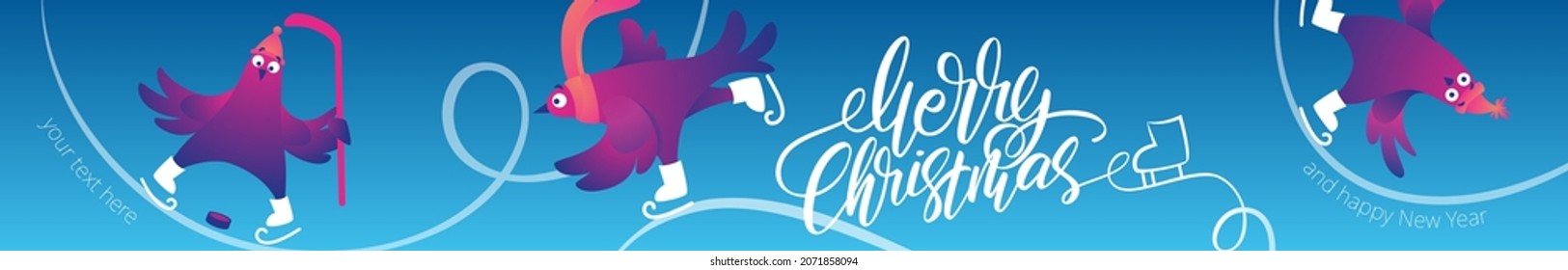 Brillante pancarta web de Navidad con palomas graciosas. Grabado a mano Merry Christmas. Personajes divertidos palomas en patines. Las palomas están patinando en la pista de hielo. Ilustración vectorial de vacaciones. Cartel festivo.