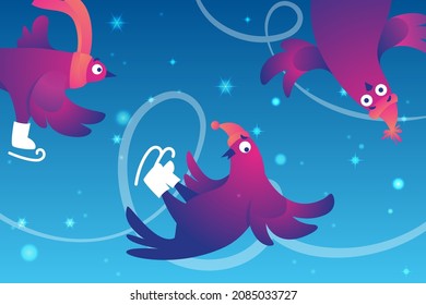 Bright Xmas web banner with funny pigeons. Christmas Festive banner. Funny characters doves in skates. Pigeons are skating on the ice rink. Holiday vector illustration. Patterns on ice.