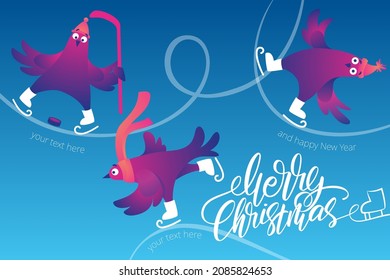 Bright Xmas web banner with funny pigeons. Handwritten lettering Merry Christmas. Funny characters doves in skates. Pigeons are skating on the ice rink. Holiday vector illustration. Festive banner.