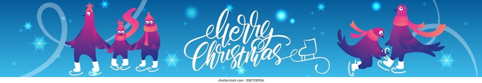 Bright Xmas web banner with funny pigeons. Handwritten lettering Merry Christmas. Funny characters doves in skates. Pigeons are skating on the ice rink. Holiday vector illustration. Festive banner.
