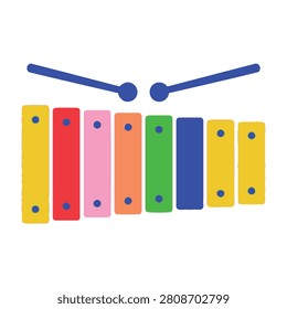 A bright xylophone toy with multi-colored keys and blue mallets for children's music education and play