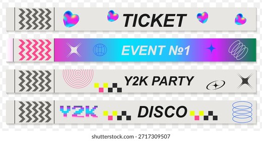 Bright Y2K, 90s ticket. Vector with psychedelic gradients, holographic hearts, and a geometric background. Perfect for discos, parties, and modern music events.
