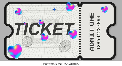Bright Y2K, 90s ticket. Vector with psychedelic gradients, holographic hearts, and a geometric background. Perfect for discos, parties, and modern music events.