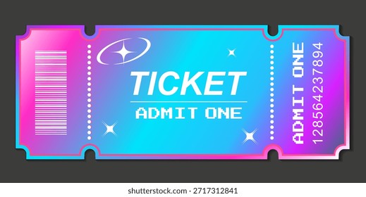 Bright Y2K, 90s ticket. Vector with a color gradient, futuristic elements, and a barcode. Ideal for discos, parties, concerts, and modern music events.