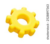 Bright yellow 3d gear or cogwheel in minimalistic and cartoonish style on white background. For concepts machinery, settings, progress, technology. Icon for web or app. Vector illustration