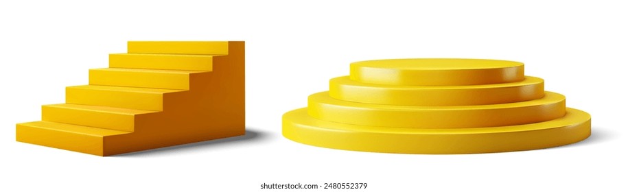 Bright yellow 3d geometric steps isolated on a white background, vector illustration of 3D stairs. 3D Yellow Podiums and Steps for Product Display and Presentation