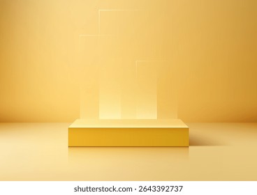 bright yellow 3d podium on a reflective floor with glowing translucent panels, modern product mockups, presentations, or advertising. Minimal abstract design