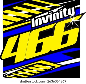 Vetor de número 466 amarelo brilhante e texto INVINITY branco, conceito de adesivo de corrida 3D, fundo abstrato colorido.