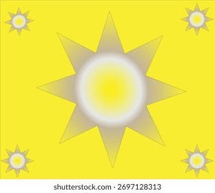 Fondo abstracto amarillo brillante con estrellas de ocho puntas y Grande explosión de sol central. Ideal para diseños vibrantes, positivos y soleados.