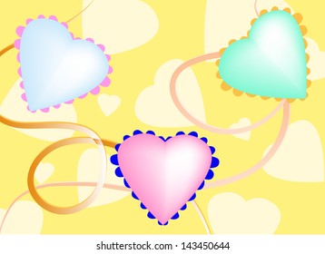 bright yellow abstract background with hearts and ribbons
