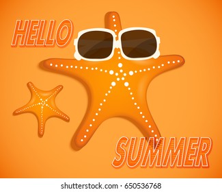 Bright yellow abstract background with the inscription hi summer, white sunglasses and starfish on the sand. Vector illustration