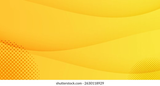  Bright yellow abstract background with smooth wave patterns and halftone dot elements in red and orange tones, perfect for banners, flyers, and modern design themes.