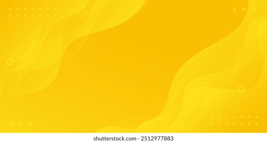 Bright yellow abstract fluid wave background with geometric shapes, modern dynamic wallpaper. Suitable for templates, sale banners, business, ads, web and pages