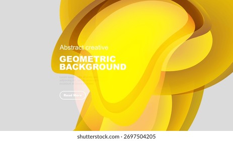 Formas abstratas amarelas brilhantes se sobrepõem ao plano de fundo cinza. O texto lê o plano de fundo geométrico, inclui o botão de chamada para ação. Design moderno.