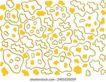 Bright yellow abstract two-tone pattern with smooth closed sinuous lines and spots. Vector set of shapeless irregular figures isolated on transparent background. Monochrome seamless repeating pattern
