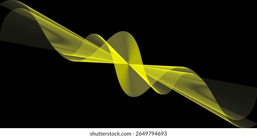 Bright yellow abstract wave lines forming a dynamic, flowing shape on a solid black background, creating a futuristic and energetic visual effect.

