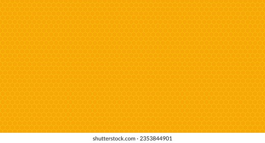 Bright yellow abstract wide horizontal banner with hexagon carbon fiber grid and orange glowing lines. Technology vector background with orange neon lines