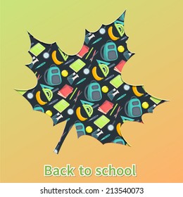 Bright yellow autumn card with school icons and text: back to school. Vector. 