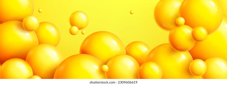 Fondo amarillo brillante con bolas 3D. Ilustración vectorial realista de esferas plásticas brillantes, perlas de moda de moda, nubes de globos, patrón creativo para la plantilla de banner, promoción de fiesta de verano