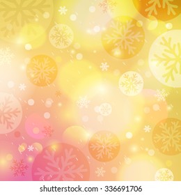 Bright yellow background with bokeh and snowflakes, vector illustration
