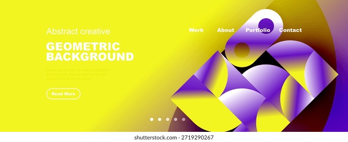 Fondo amarillo brillante presenta Formas abstractas, texto, menú de navegación. El diseño moderno promueve la creatividad, la visualización de la Cartera.