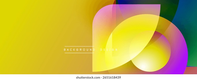 Bright yellow background features overlapping translucent shapes. Pink, blue, green hues blend creating dynamic visual effect. Modern design.