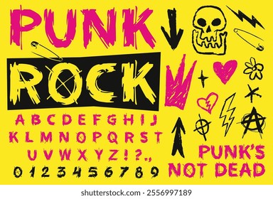 Bright yellow background features punk rock themed designs including letters symbols and a skull. The vibrant artwork expresses a rebellious and energetic spirit.