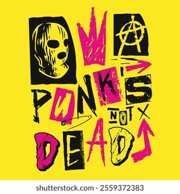 Bright yellow background features striking graphic elements related to punk culture. The design includes a mask safety pins and bold text expressing themes of chaos and defiance.