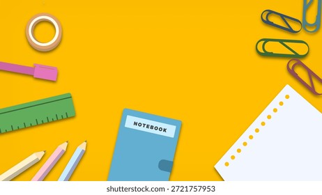 Un fondo amarillo brillante con útiles escolares ilustrados como cuadernos, lápices, Reglas, Clips de papel y artículos de papelería dispuestos alrededor del marco. Esta composición limpia y mínima proporciona un generoso espacio de copia, lo que lo hace adecuado para presentaciones educativas, diseños con temas escolares, materiales de aprendizaje y contenido promocional académico.