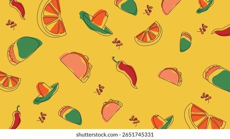 Fundo amarelo brilhante com tacos, fatias de citrinos, pimentões e sombreros, ideal para desenhos culinários festivos ou visuais de celebração mexicana.