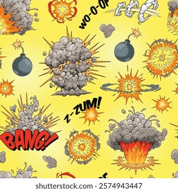 Bright yellow background filled with comic-style explosion designs. Various blast effects and sound words create a playful dynamic atmosphere suitable for creative projects.