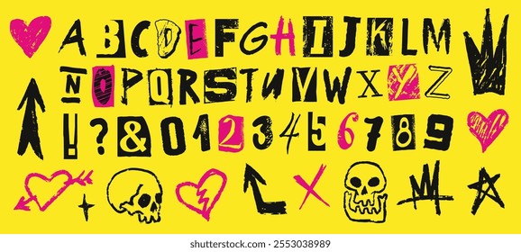 Bright yellow background filled with creative letters numbers and symbols in different styles. The playful design features hearts skulls and arrows showcasing artistic expression.