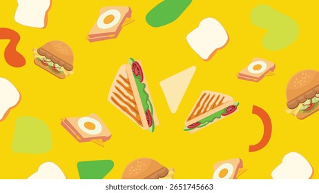 Fundo amarelo brilhante preenchido com torrada grelhada, hambúrgueres e formas de comida divertida. Design divertido para promoções de fast food.