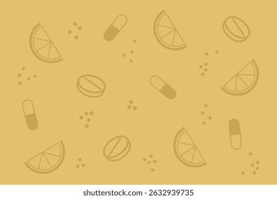 Bright yellow background filled with slices of citrus fruits and various pills scattered playfully throughout the design